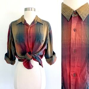Vintage 80’s earth tone plaid Claiborne button down long sleeve shirt top